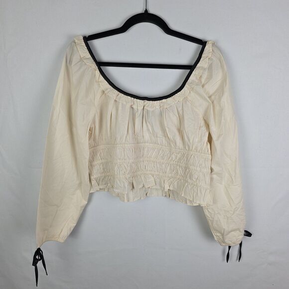 NWT American Eagle Milkmaid Puff Sleeve Smocked Crop Top Sz L Coquette Peasant - Picture 2 of 6